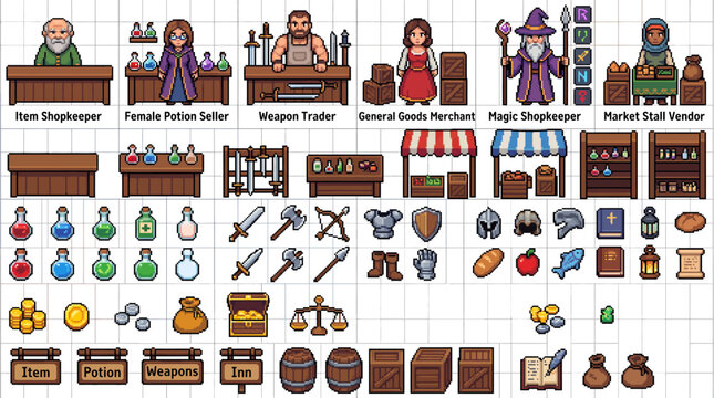 Pixel art game elements for fantasy RPGs, featuring shops, items, and characters in a charming retro style