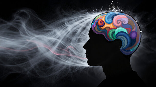Silhouette of a head with an abstract brain with colorful and swirling threads, human mind representing thoughts, emotions and creativity. Foggy process of thinking, dreaming, passing of time.