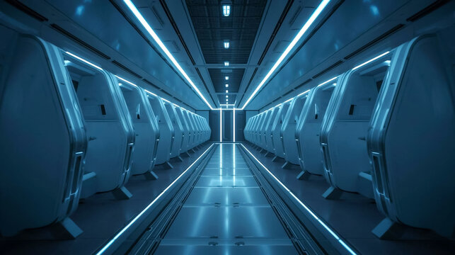 Futuristic Sci-Fi Corridor with Neon Blue Lights, Modern Office Pods, and Sleek Design - Ideal for Technology, Innovation, and Corporate Concepts | 185 Characters