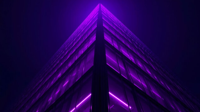 Dynamic low-angle view of a futuristic modern building facade, illuminated by vibrant purple neon lights. This sleek, abstract geometric architecture embodies innovation, advanced technology, and a