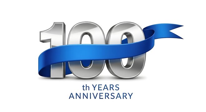 100 years anniversary with blue ribbon century mark white background graphic design number one hundred anniversary