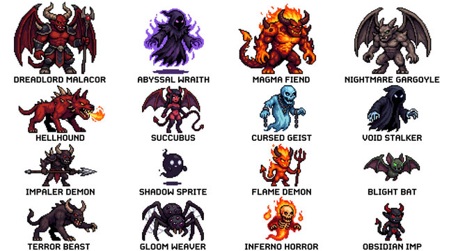 A diverse collection of fantasy pixel art game elements, showcasing an array of monstrous creatures and character sprites perfect for classic role-playing adventures