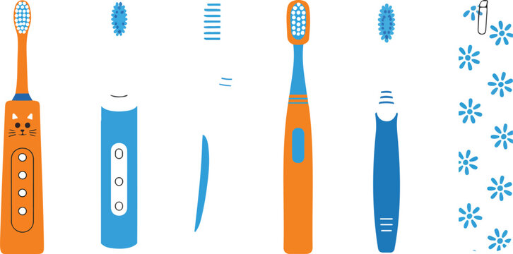 Set of various toothbrushes including electric manual and kids toothbrush types in colorful hand drawn vector illustration style