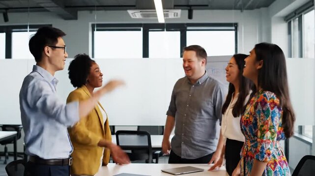 Diverse business team celebrates success with high fives in modern office