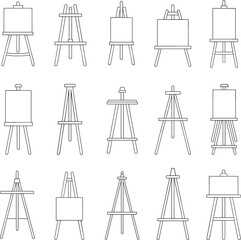 Obraz premium WebArtist easel silhouettes, canvas stand vector, blue line drawing design, painting equipment illustration, creative studio art, diverse easel styles