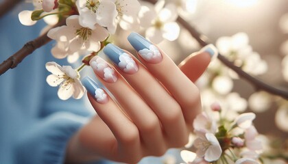 Fototapeta premium Delicate spring manicure featuring blue cloud nail art on a graceful hand nestled among white cherry blossom flowers, evoking freshness, femininity and dreamy beauty in soft natural light.