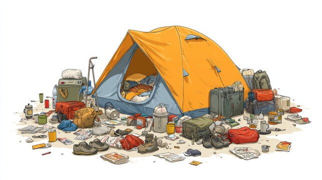 Messy illustration campground camping gear spread around tent showing overpacking chaos cluttered scene, litter, careless environment summer camp vacation getaway