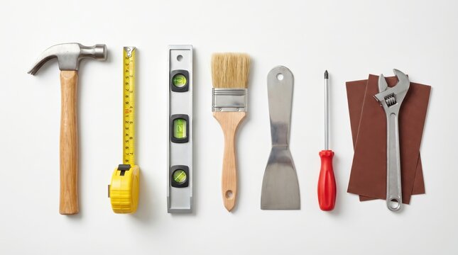 Flat Lay of Home Renovation Hand Tools Including Hammer, Level and Paint Brush on White Background