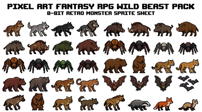 A comprehensive pixel art game element collection featuring fantasy RPG monsters and retro wild beasts for immersive digital adventures
