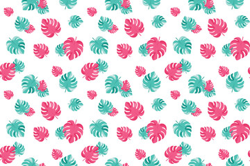 Seamless vector summer pattern Pink mint monstera leaf on isolated transparent background. Modern tropical design perfect for textiles, wallpaper, wrapping paper stylish surface summertime design © Іванна Поліщук