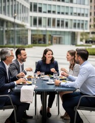 Fototapeta premium Diverse group of people eating lunch at an outdoor cafe table for corporate wellness, workplace lifestyle and professional team social media advertising