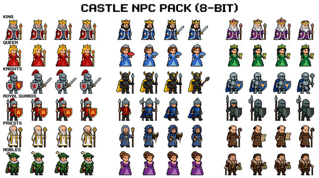 Pixel art fantasy RPG game elements featuring medieval characters and castle NPCs for game design and development