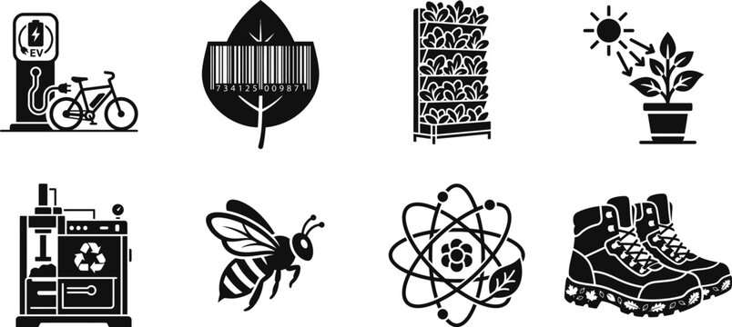 Collection of eight monochrome vector icons depicting environmental themes, science symbols, renewable energy, recycling, and outdoor gear.