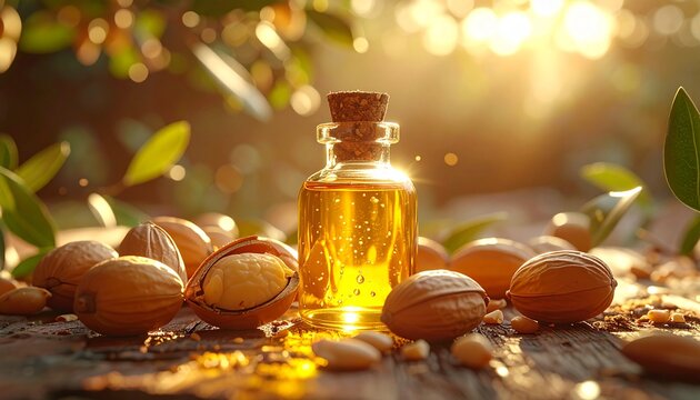 Natural Argan Oil with Argan Seeds. Bottle of organic cosmetic oil with fresh argan kernels in warm natural light.