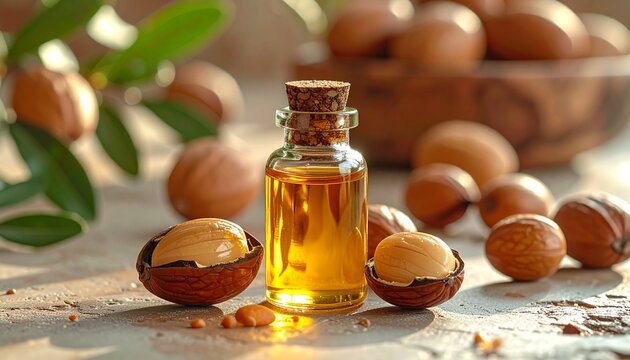 Natural Argan Oil with Argan Seeds. Bottle of organic cosmetic oil with fresh argan kernels in warm natural light.