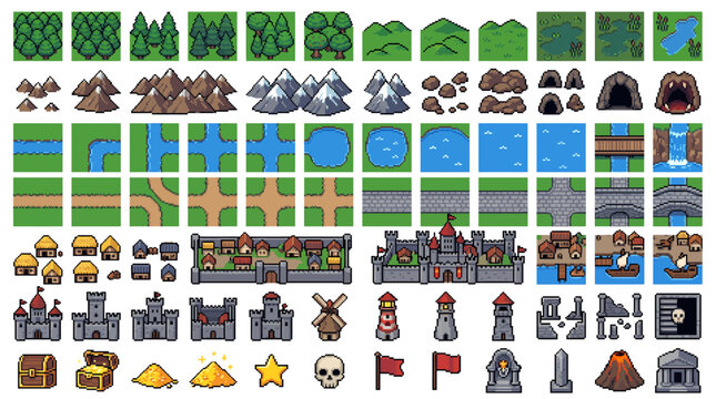 Vast collection of pixel art game elements featuring diverse fantasy world assets for mobile and casual RPG development, including nature, buildings, and adventure objects