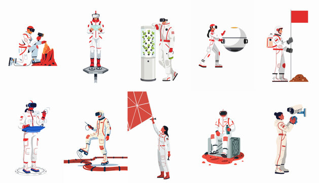 Flat vector set of astronauts engaged in diverse activities like research, maintenance, and exploration for future space missions and planetary colonization.
