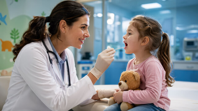 A doctor examines a girl's throat with a swab during a pediatric appointment. The pediatrician examines the girl's throat with a swab in a welcoming clinical setting.