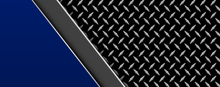 Blue and black background with diamond plate pattern, abstract industrial metal banner.