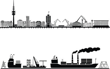 Obraz premium WebCity skyline silhouette, industrial port scene, urban architecture, maritime industry, cranes and ships, smokestacks, blue black tones, modern infrastructure illustration