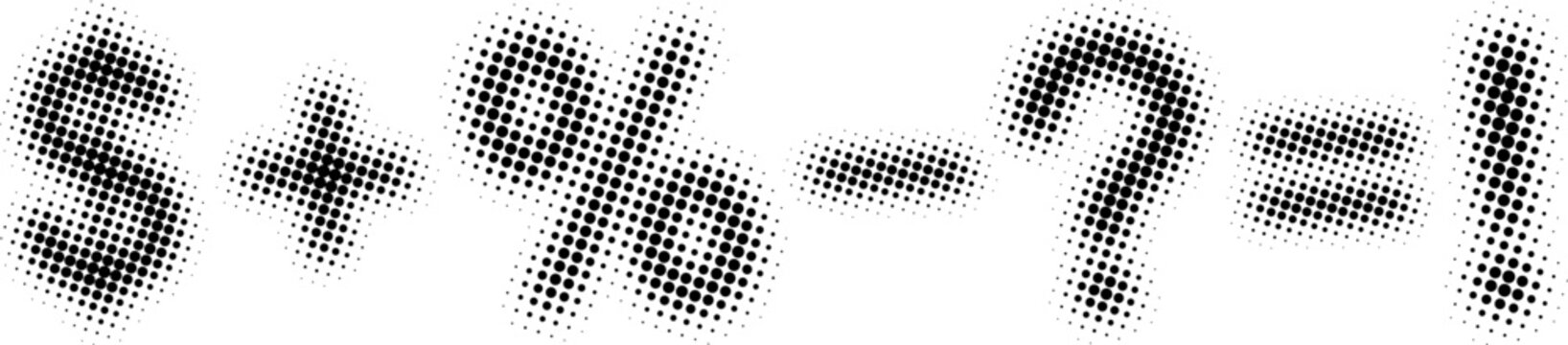 Halftone symbols, percent, exclamation point, question mark and dollar symbol abstract design.
