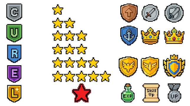 Pixel art game assets pack star ratings, achievement badges, fantasy shields, royal crowns, health potions, quest scrolls for mobile casual RPG progression