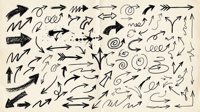 Directional Variety: A collection of hand-drawn arrow illustrations in a diverse array of styles and orientations, providing versatility for design and presentation.