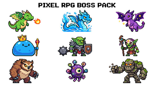 A captivating pack of diverse pixel art boss characters designed for engaging mobile casual RPGs, featuring powerful monsters and mythical creatures in a retro game style