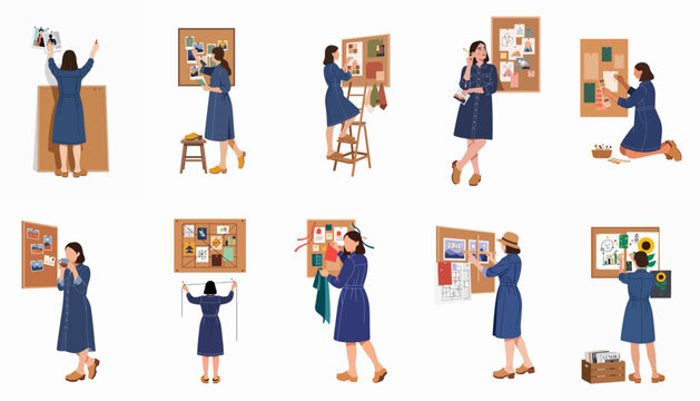 Set of illustrations depicting a creative woman working on mood boards with sketches, photos, and fabric samples for interior or fashion design projects.