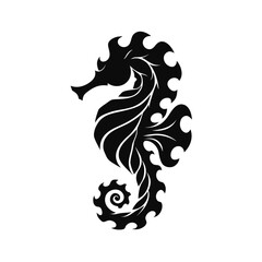 Tribal seahorse vector silhouette, black sea horse tattoo design, stylized marine animal icon for nautical branding and ocean themed graphics © Israt