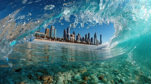 View of a city skyline from inside a breaking wave, clear water and bright sunny day