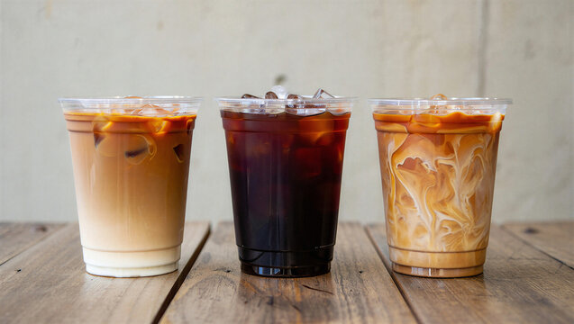 Three iced coffee drinks with various layers of milk and coffee in clear plastic cups, iced latte