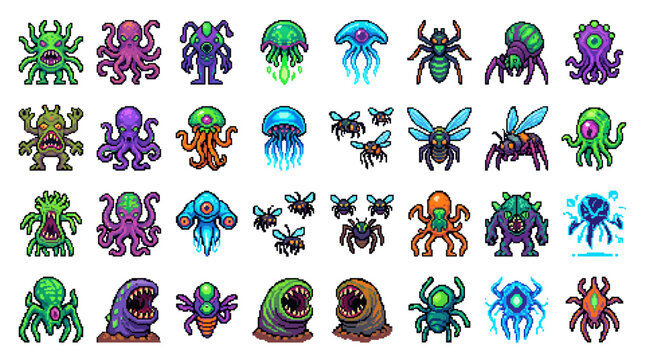 Pixel art alien and monster sprites for sci-fi RPG games, featuring diverse creatures and boss characters