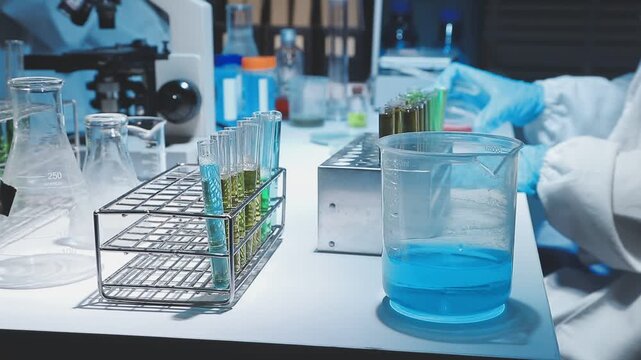 Science, laboratory and woman with pipette, test tube and biotech solution in research. Medical innovation, scientist or lab technician in study for healthcare, medicine and vaccine results feedback.