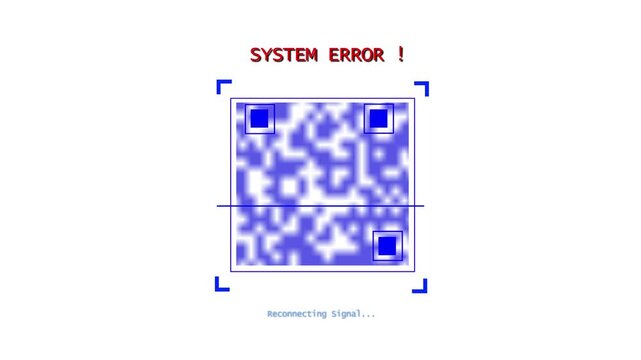 QR code scan animation with system error message. QR code scan failed connection prompt. QR code scan technical glitch graphic.