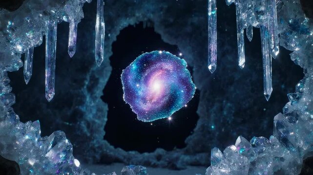 Miniature Galaxy Within Geode Crystal Cave Interior, Cosmic Mineral Fantasy Realism, Static Entrance View, 4K