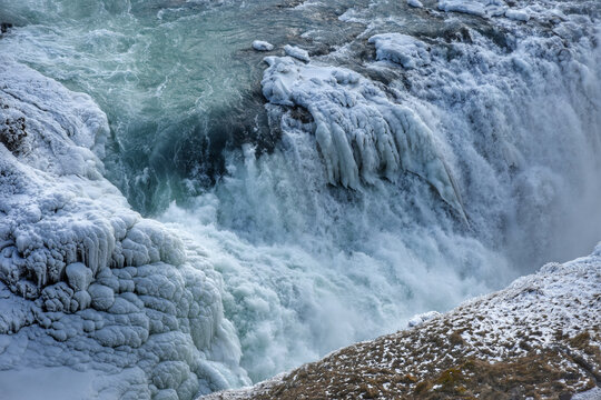 Close-up of frozen Gullfoss waterfall in southern Iceland