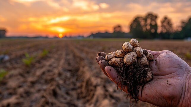 Farmer's hand holding freshly harvested peanuts with soil and roots against a warm sunset sky over a cultivated field