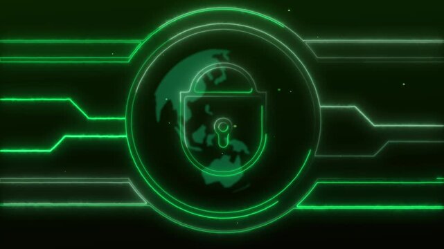Digital world map animation with green security lock. Digital world map global network protection. Digital world map cyber security.