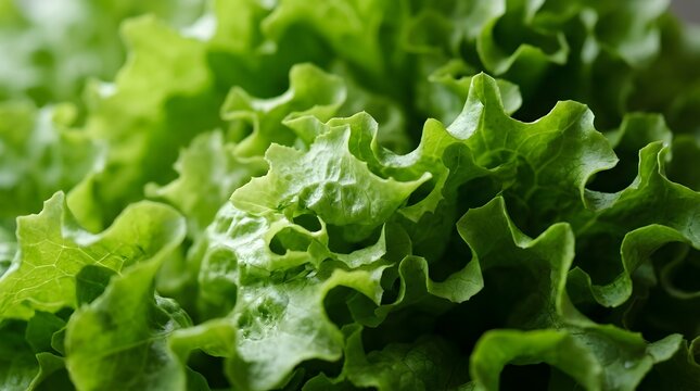 Close up of vibrant green lollo rossa lettuce leaves showing delicate textures and freshness