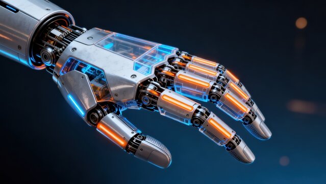 Futuristic robotic hand with glowing lights