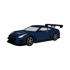 Obraz premium Dark blue Japanese sport car with large spoiler parked on white background
