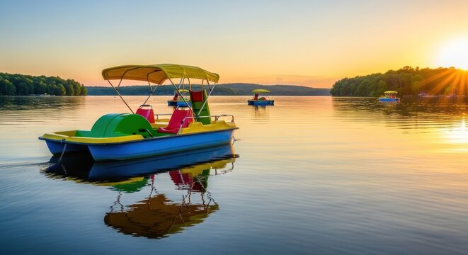 Colorful pedal boat with canopy floats on calm lake surface reflecting sunset golden hour light serene water landscape with distant trees and other boats peaceful leisure activity on a warm
