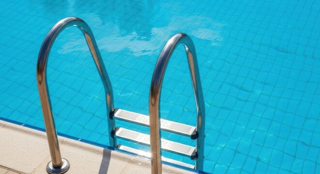 Shiny metal ladder with curved handrails provides access to a bright blue swimming pool with clear water and sunlight reflections inviting relaxation and summer fun