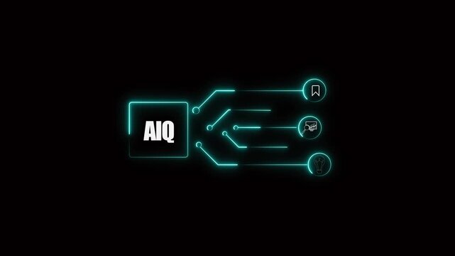 Artificial intelligence animation with cyan icons. Artificial intelligence aiq text graphic. Artificial intelligence smart tech concept.