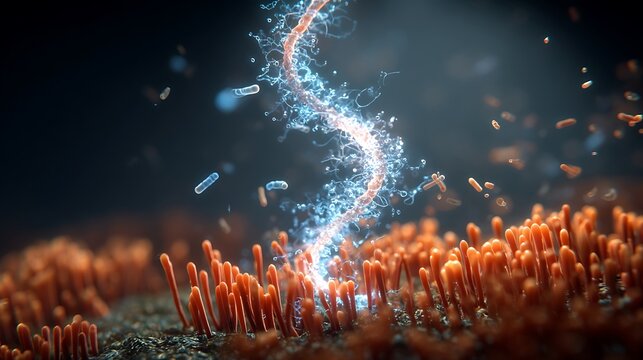 Microscopic view of intestinal villi with swirling bacteria and a bright energy discharge in a dark, fluid environment