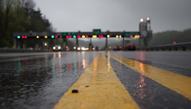 Wet asphalt road with yellow lines leading to a blurred toll booth with traffic lights on a rainy day
