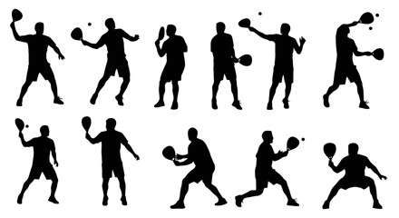 Fototapeta premium Silhouettes of people playing tennis in various poses.