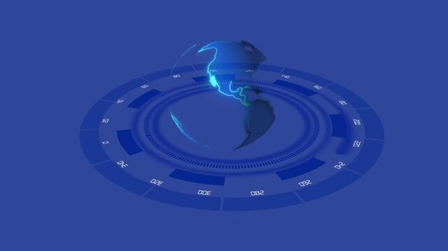 Digital globe animation with 3d numerical data. Digital globe earth technical display. Digital globe global monitoring interface.