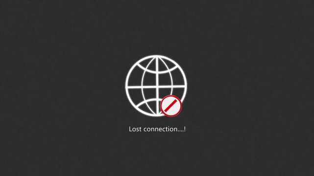 World globe animation with lost connection text. World globe offline status warning. World globe digital interface graphic.